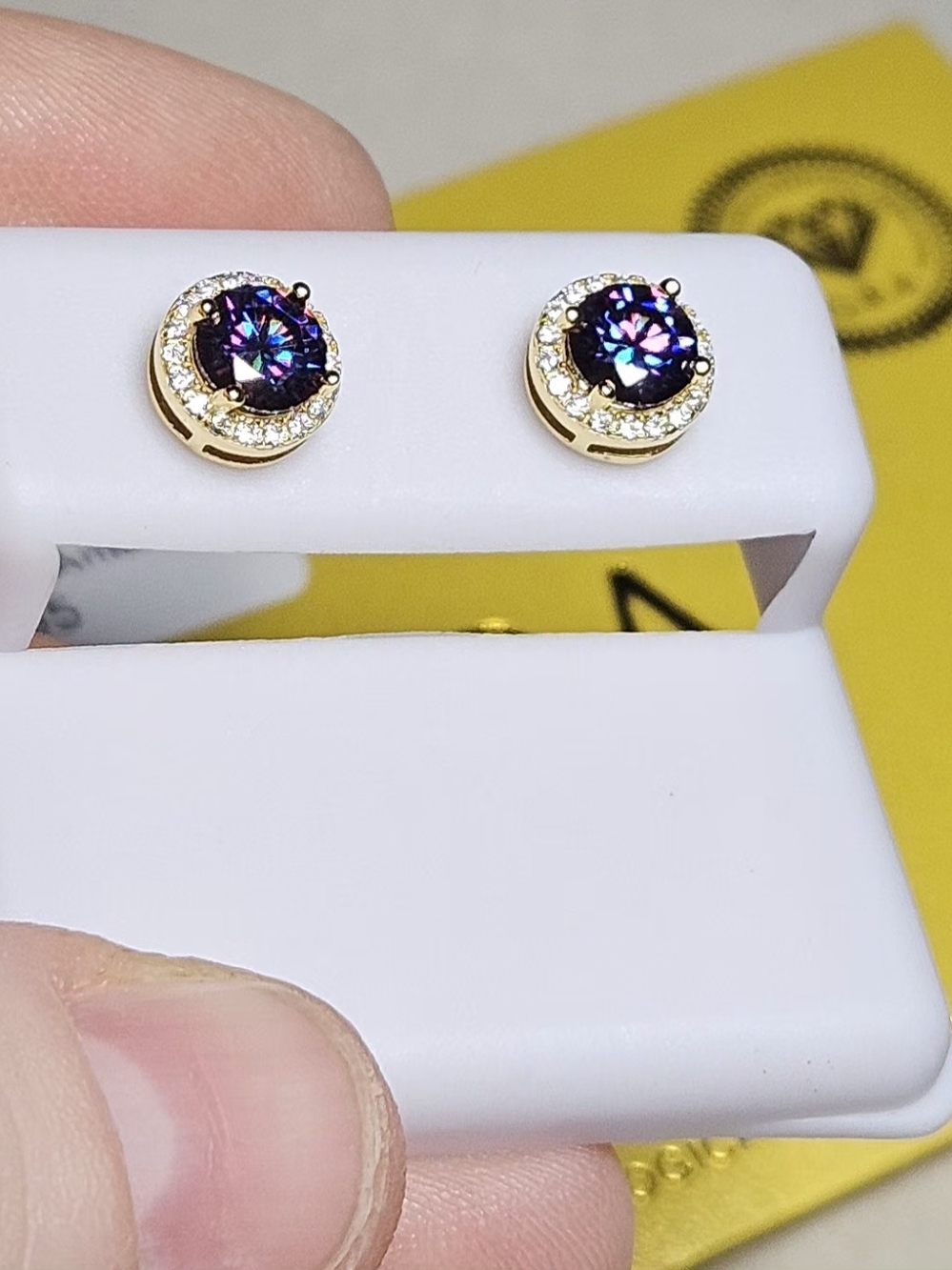 Moissanite Purple Amethyst Round Halo Stud Earrings - Sterling Silver - Picture 7 of 14